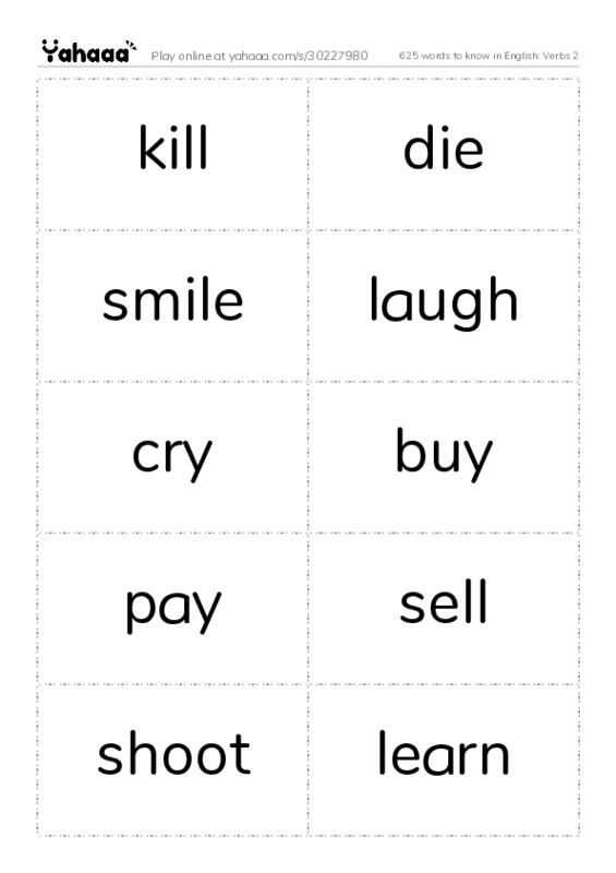 625 words to know in English: Verbs 2 PDF two columns flashcards