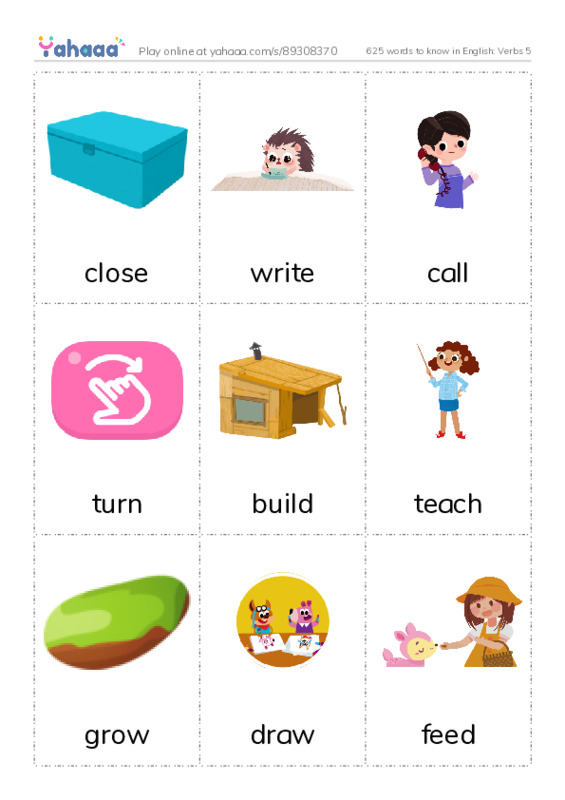 625 words to know in English: Verbs 5 PDF flaschards with images