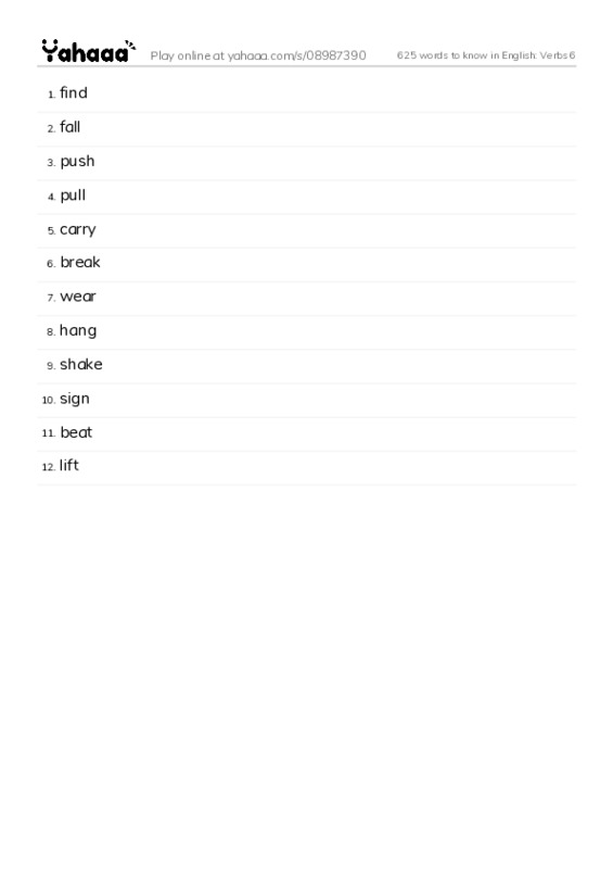 625 words to know in English: Verbs 6 PDF words glossary