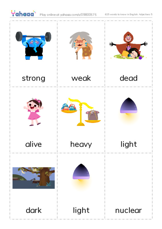 625 words to know in English: Adjectives 5 PDF flaschards with images