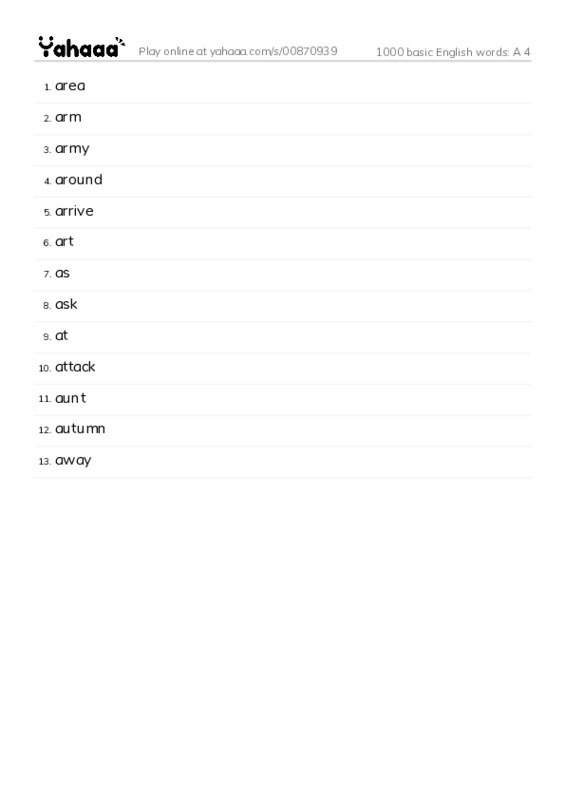 1000 basic English words: A 4 PDF words glossary