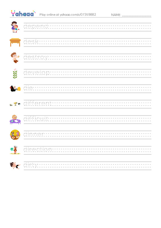 1000 basic English words: D 2 PDF write between the lines worksheet