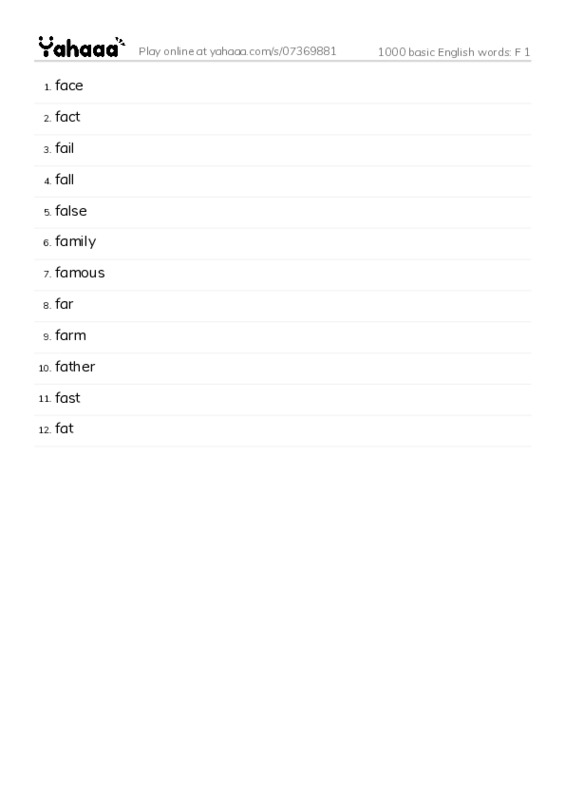 1000 basic English words: F 1 PDF words glossary