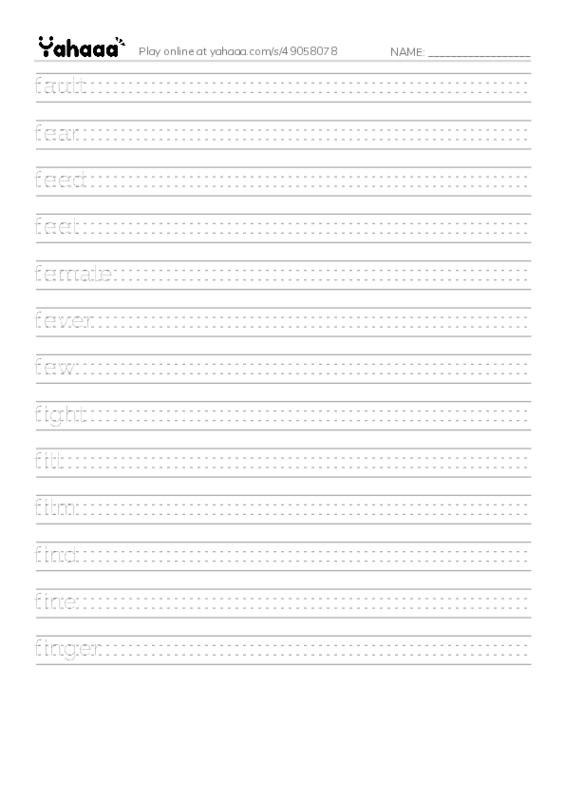 1000 basic English words: F 2 PDF write between the lines worksheet