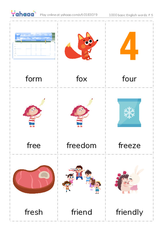 1000 basic English words: F 5 PDF flaschards with images