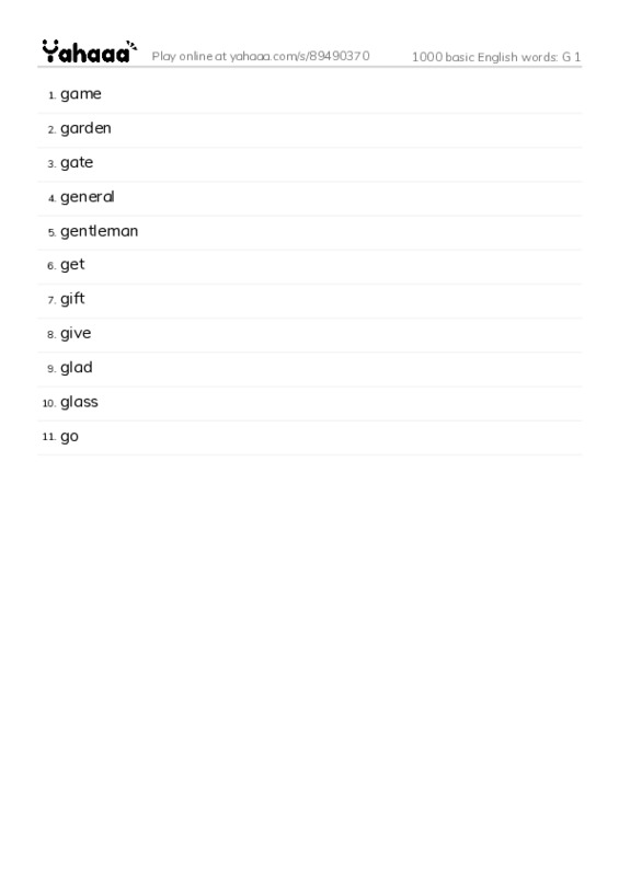 1000 basic English words: G 1 PDF words glossary