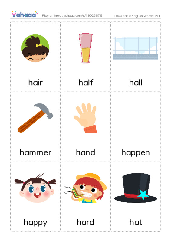 1000 basic English words: H 1 PDF flaschards with images