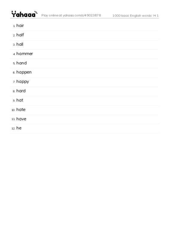 1000 basic English words: H 1 PDF words glossary