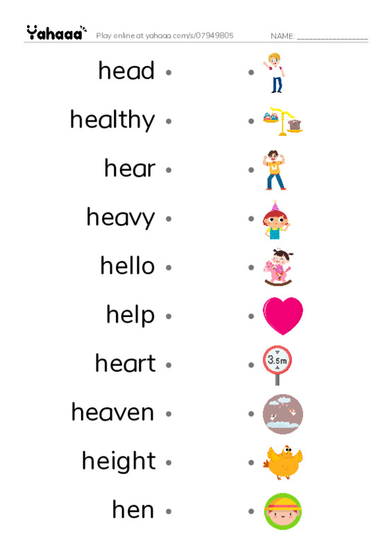 1000 basic English words: H 2 PDF link match words worksheet