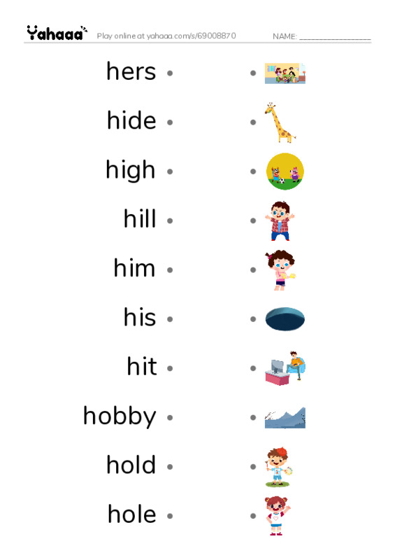 1000 basic English words: H 3 PDF link match words worksheet