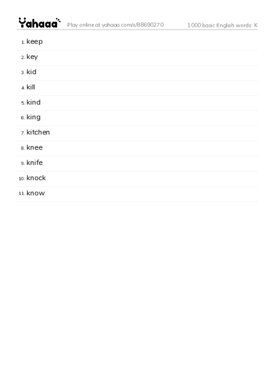 1000 basic English words: K PDF words glossary
