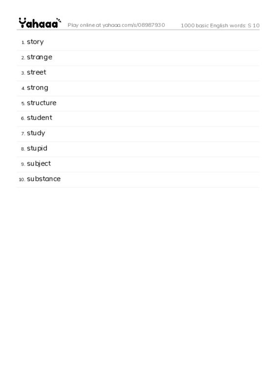 1000 basic English words: S 10 PDF words glossary