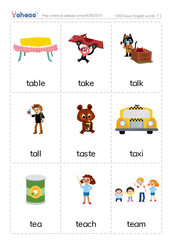 1000 basic English words: T 1 PDF flaschards with images