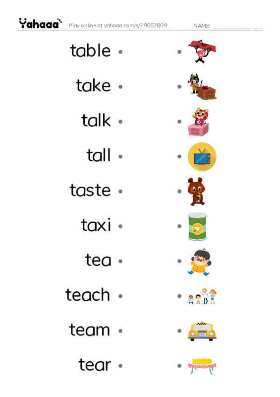 1000 basic English words: T 1 PDF link match words worksheet