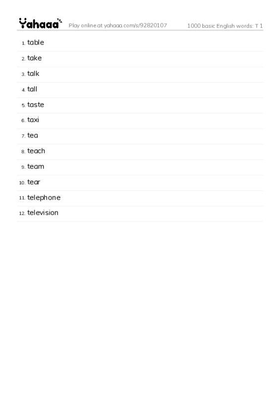 1000 basic English words: T 1 PDF words glossary