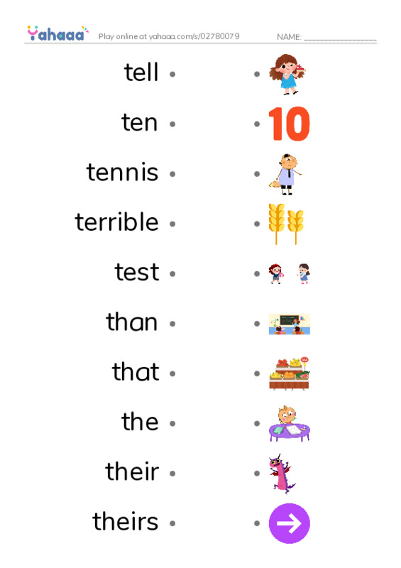 1000 basic English words: T 2 PDF link match words worksheet