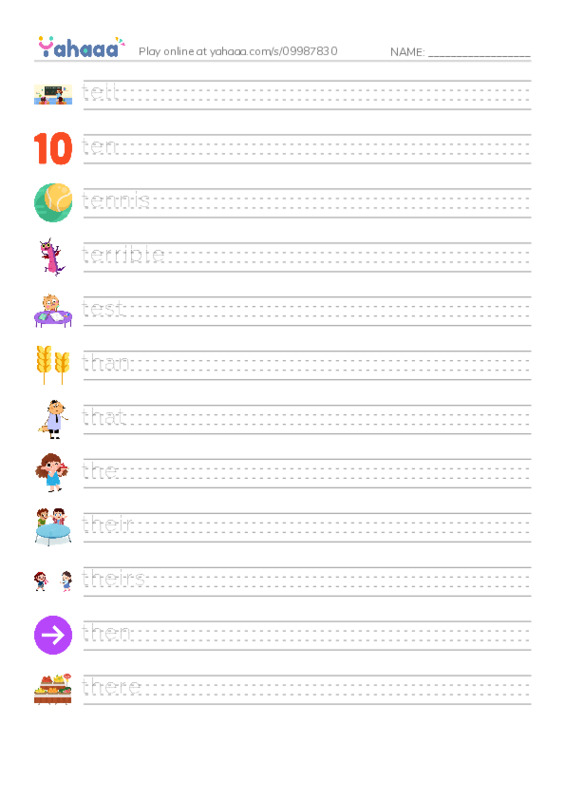 1000 basic English words: T 2 PDF write between the lines worksheet