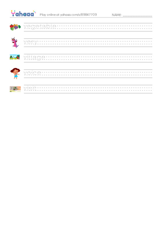 1000 basic English words: V PDF write between the lines worksheet