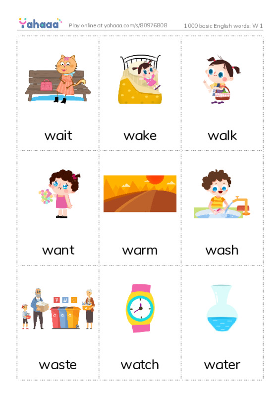 1000 basic English words: W 1 PDF flaschards with images