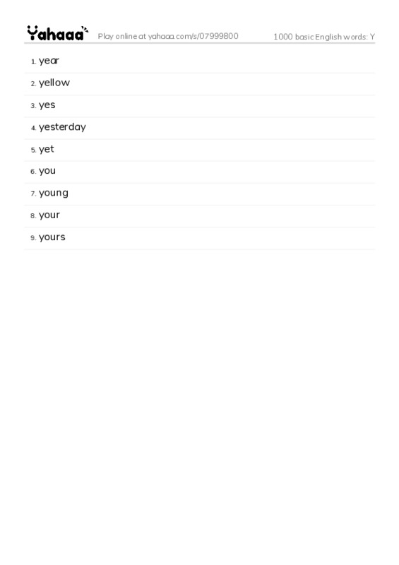 1000 basic English words: Y PDF words glossary