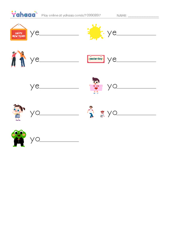 1000 basic English words: Y PDF worksheet writing row