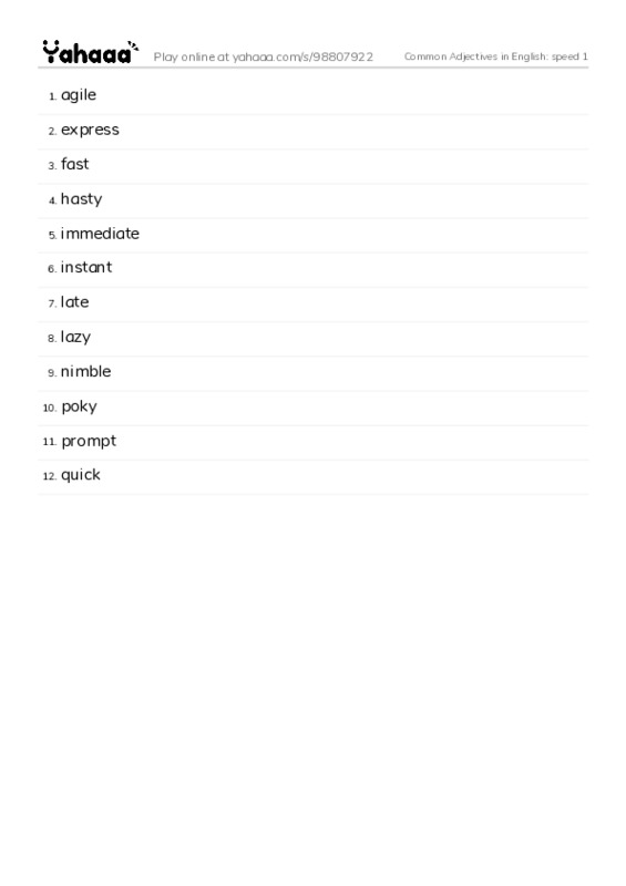 Common Adjectives in English: speed 1 PDF words glossary