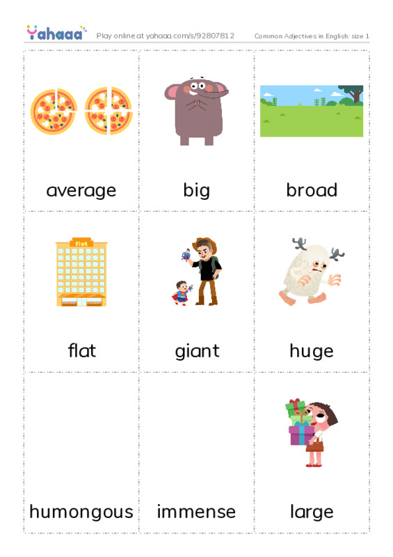 Common Adjectives in English: size 1 PDF flaschards with images