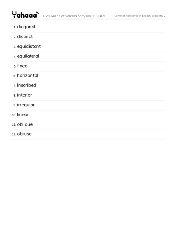 Common Adjectives in English: geometry 2 PDF words glossary