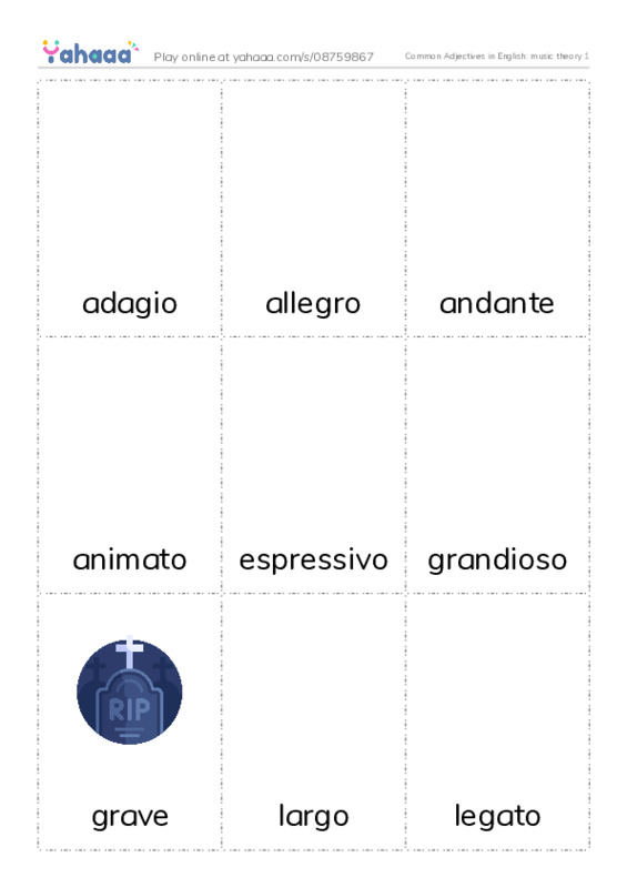 Common Adjectives in English: music theory 1 PDF flaschards with images