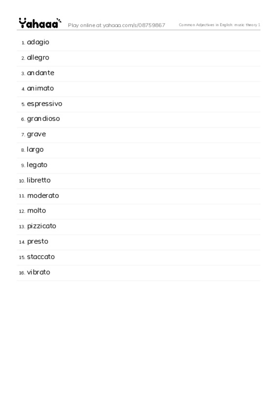 Common Adjectives in English: music theory 1 PDF words glossary