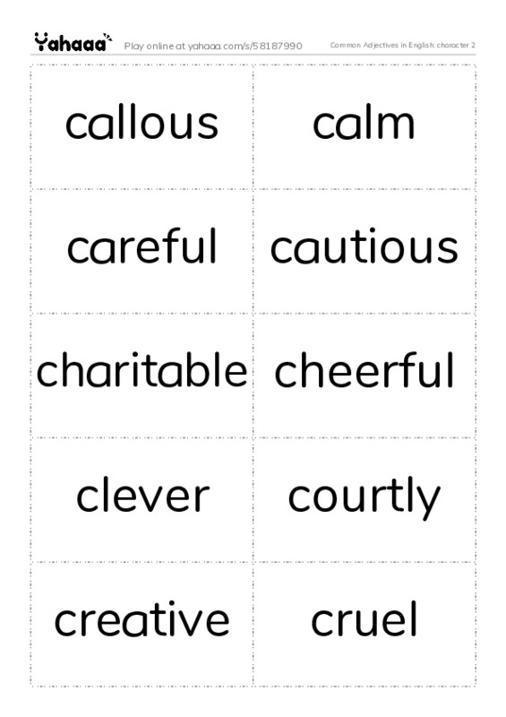 Common Adjectives in English: character 2 PDF two columns flashcards