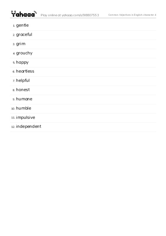 Common Adjectives in English: character 4 PDF words glossary