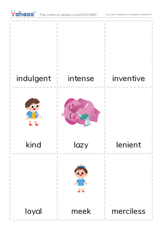 Common Adjectives in English: character 5 PDF flaschards with images