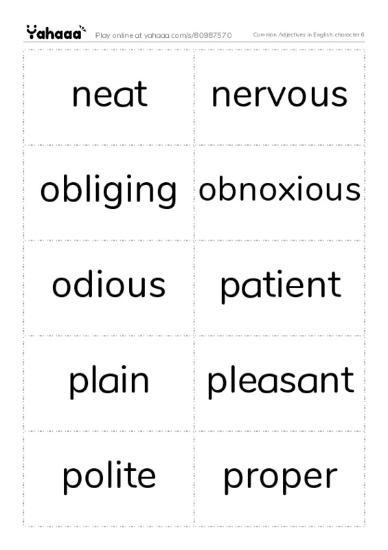 Common Adjectives in English: character 6 PDF two columns flashcards