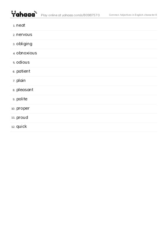 Common Adjectives in English: character 6 PDF words glossary