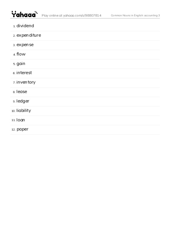 Common Nouns in English: accounting 3 PDF words glossary