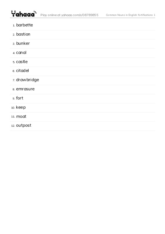 Common Nouns in English: fortifications 1 PDF words glossary