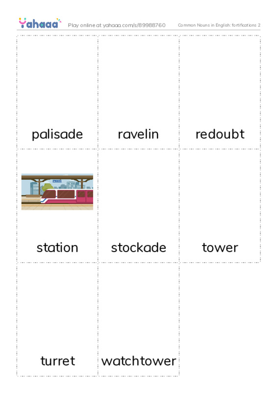Common Nouns in English: fortifications 2 PDF flaschards with images