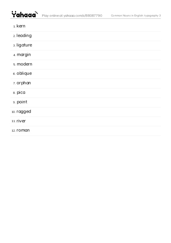 Common Nouns in English: typography 3 PDF words glossary