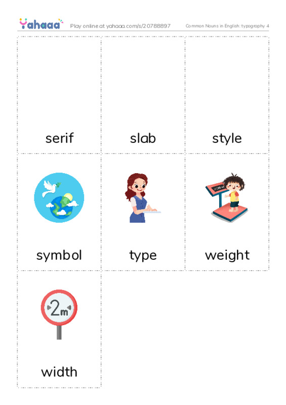 Common Nouns in English: typography 4 PDF flaschards with images