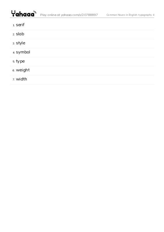 Common Nouns in English: typography 4 PDF words glossary