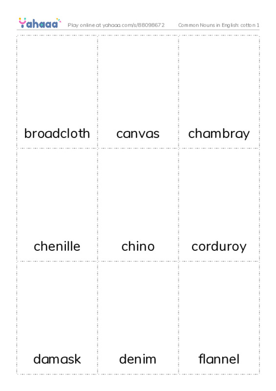 Common Nouns in English: cotton 1 PDF flaschards with images