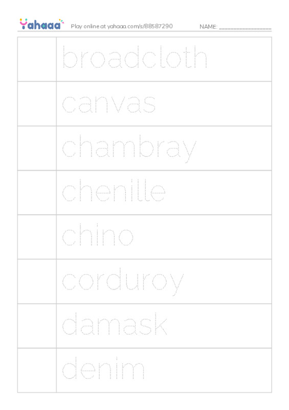 Common Nouns in English: cotton 1 PDF one column image words