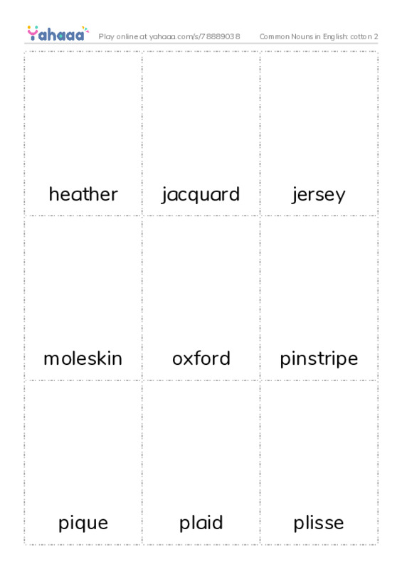 Common Nouns in English: cotton 2 PDF flaschards with images