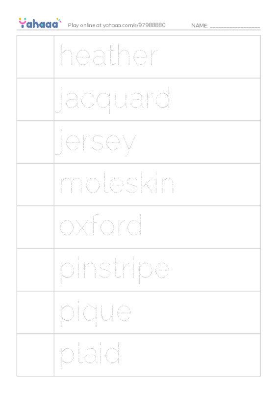 Common Nouns in English: cotton 2 PDF one column image words