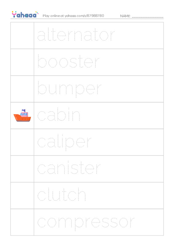 Common Nouns in English: car parts 1 PDF one column image words
