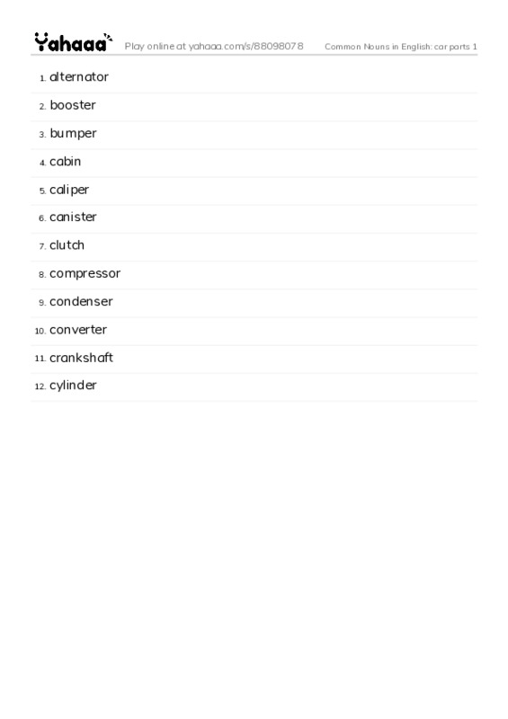 Common Nouns in English: car parts 1 PDF words glossary