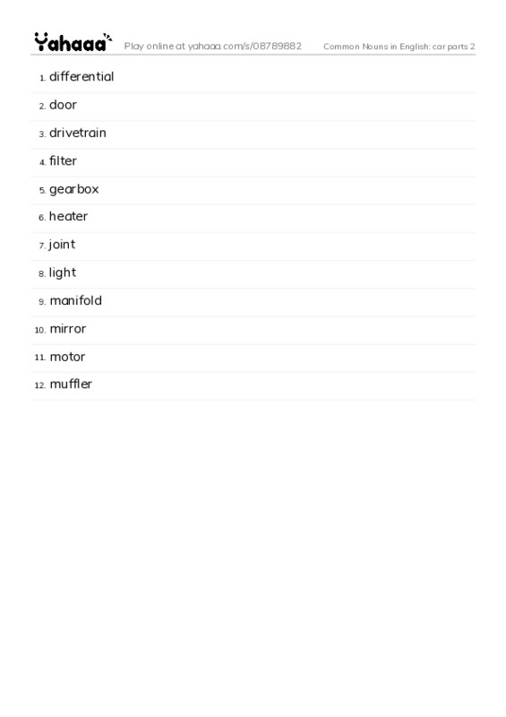 Common Nouns in English: car parts 2 PDF words glossary