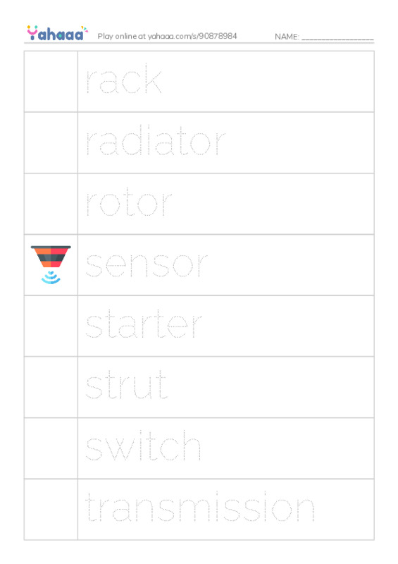 Common Nouns in English: car parts 3 PDF one column image words