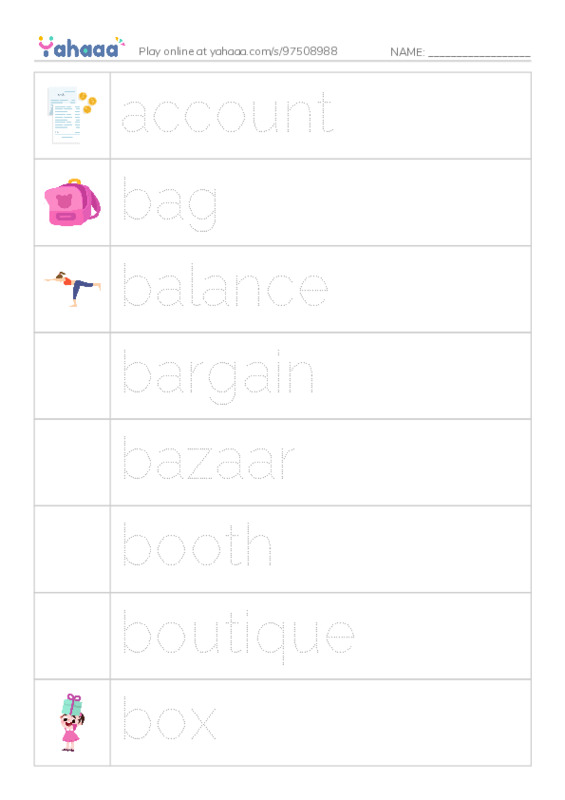 Common Nouns in English: shopping 1 PDF one column image words